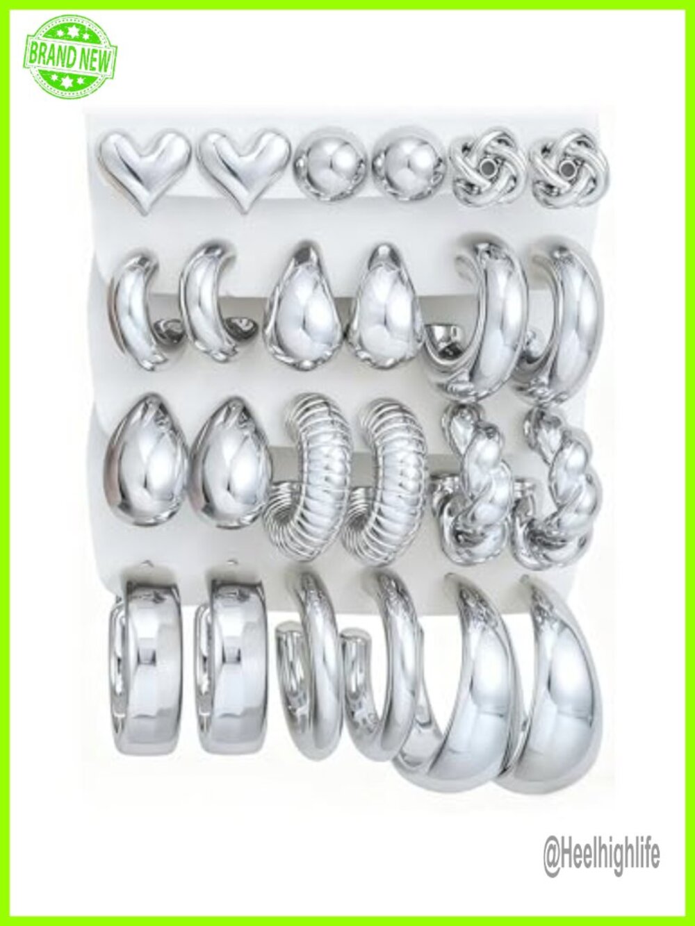 Silver Hoop Earrings Set 12 Pairs Chunky Lightweight Non Tarnish Huggie